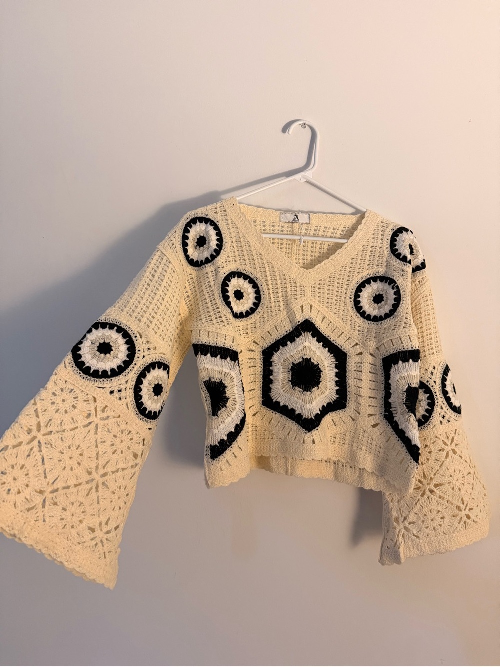 Crochet Boho V-Neck Sweater with Black Crochet Medallions - OS